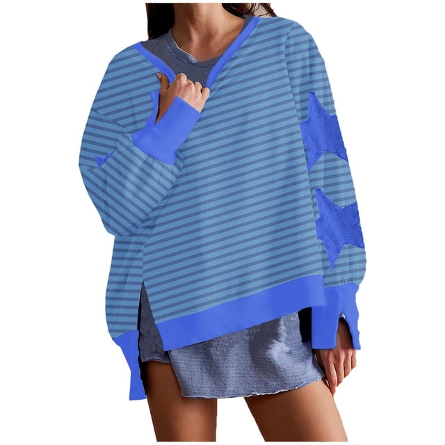 Timegard Womens Crewneck Sweatshirts Striped Long Sleeve Side Split Pullover Fall Casual Loose Tops