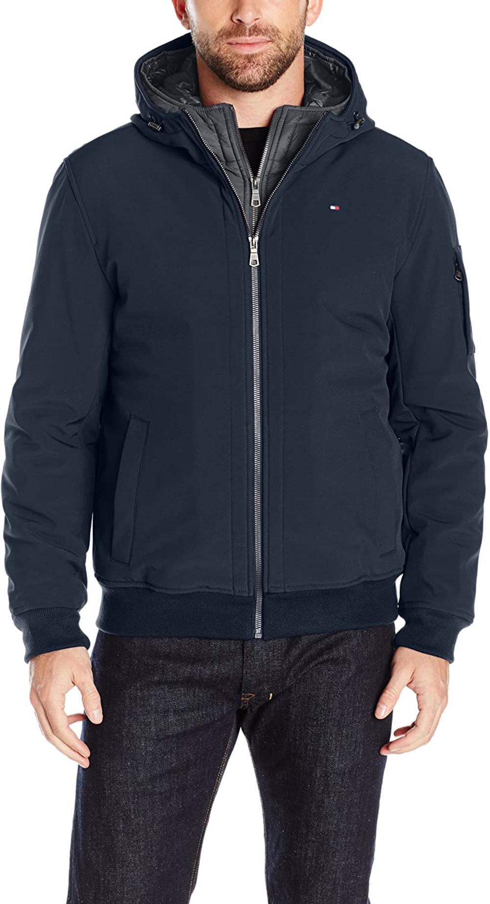Tommy Hilfiger Mens Soft Shell Fashion Bomber with Contrast Bib and Hood