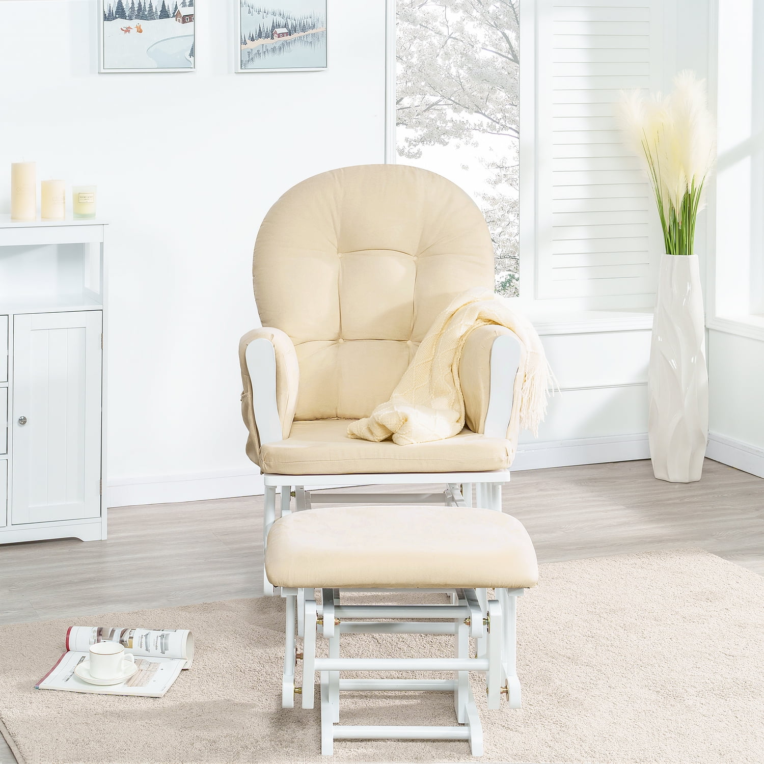 Brisbane Nursery Glider & Ottoman Set - Reclining Glider Rocker Chair for Breastfeeding, Maternity, & Comfort, White,Gray-Cushion Color:Cream,Finish:White