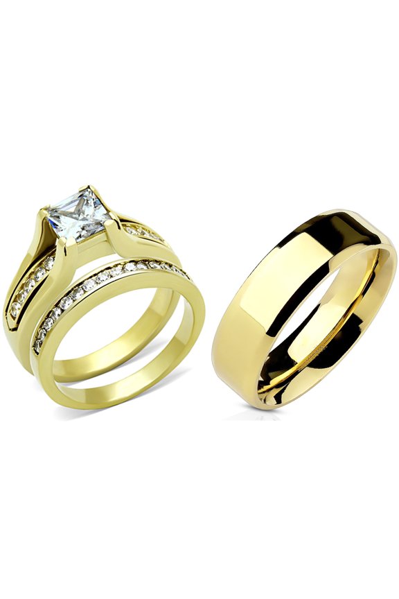 Couples Ring Set 7x7mm Princess CZ Gold Plated Wedding Ring Mens Gold Flat Band- Size W5M7