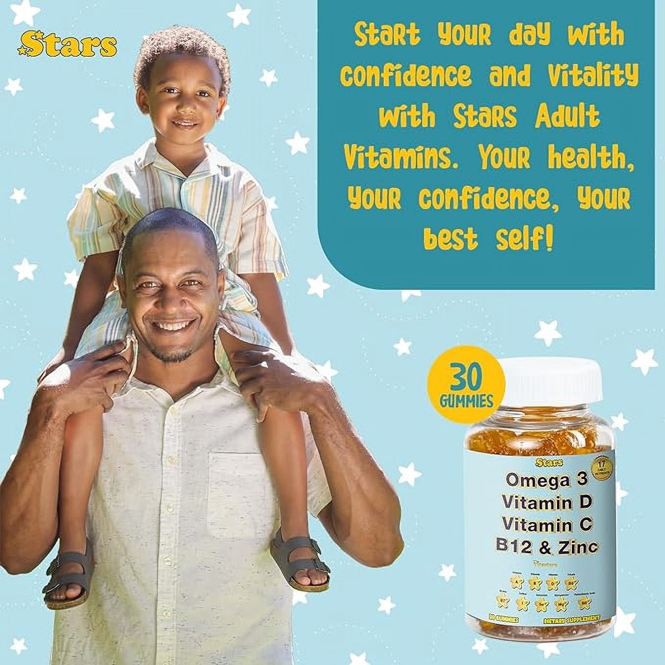 Vitastars Adult Multivitamin Gummy With Omega 3, Chewable Multivitamin with Selenium, Vitamin A, B, C, D, Biotin, Multivitamin for Women, Multivitamin for Men, 30 Star Shaped Multivitamin Gummies