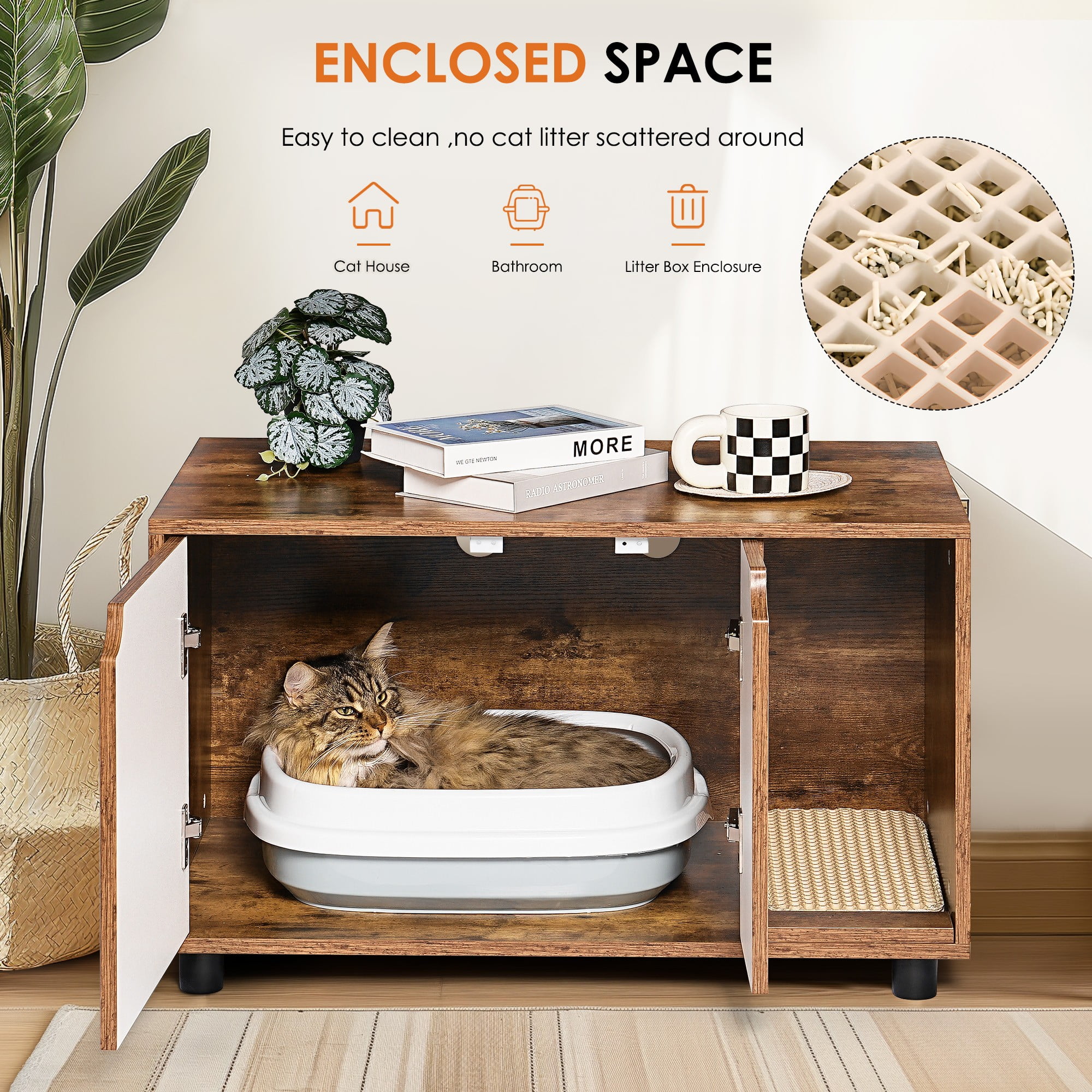 Kadyn 31" Wooden Cat Litter Box Enclosure Tabletop for Nightstand, Litter Box Hidden Cat Washroom House, Brown
