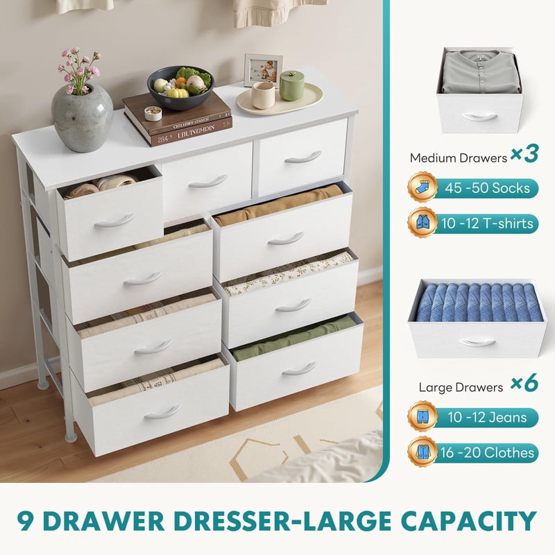 Kelno 9 Drawer Fabric Dresser Storage Tower Chest Organizer with Wood Top Steel Frame, White
