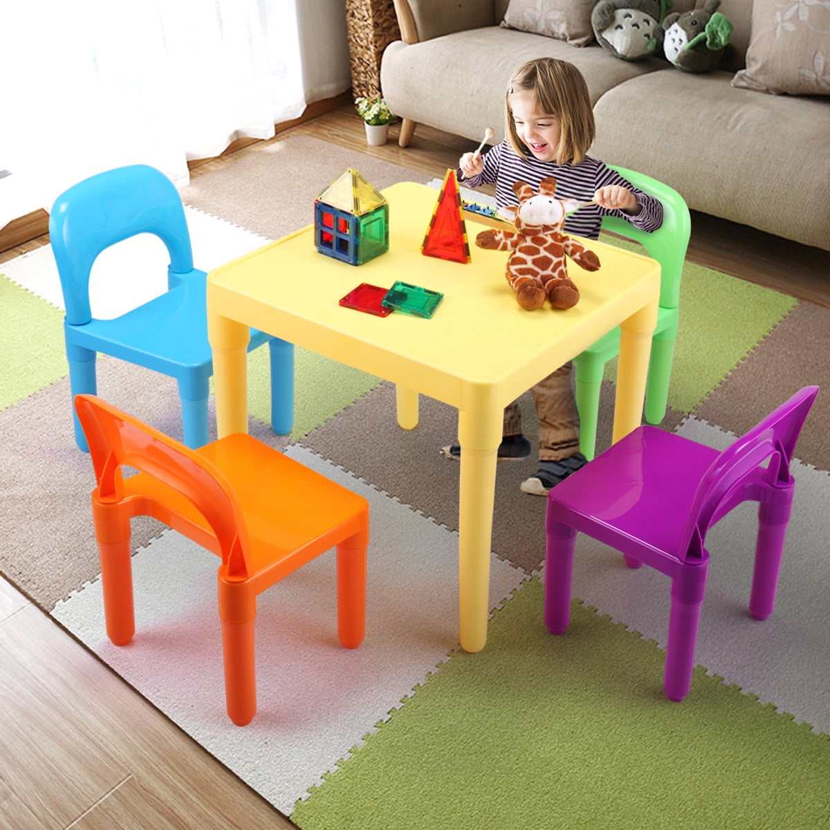 Wood Kids Table & 2 Chairs Set For Boys Girls Toddler Reading Writing Multicolor 