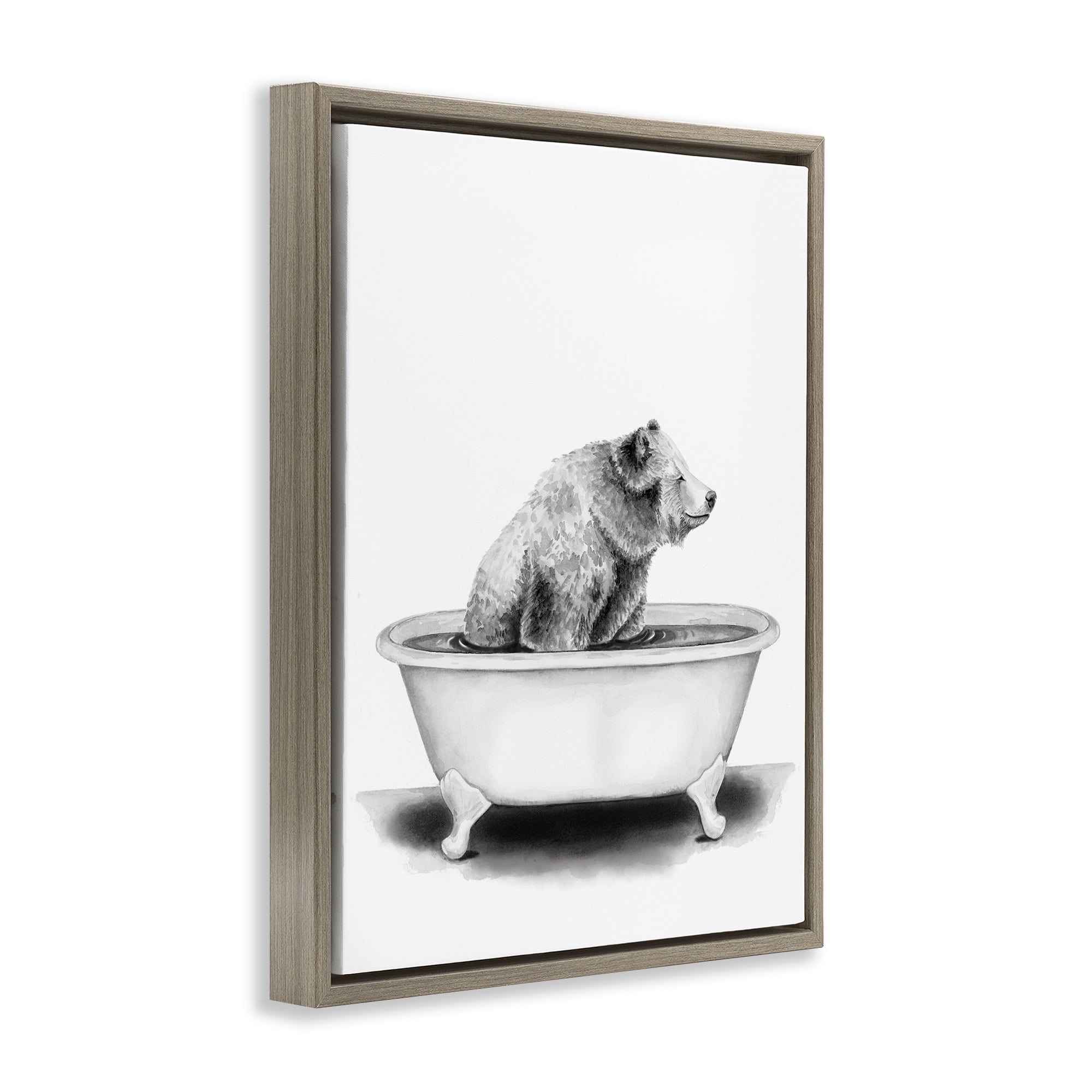 Stupell Industries Bear In Tub Rustic Bathroom Drawing Animals & Insects Painting Brown Floater Framed Canvas Art Print Wall Art, 17 x 21
