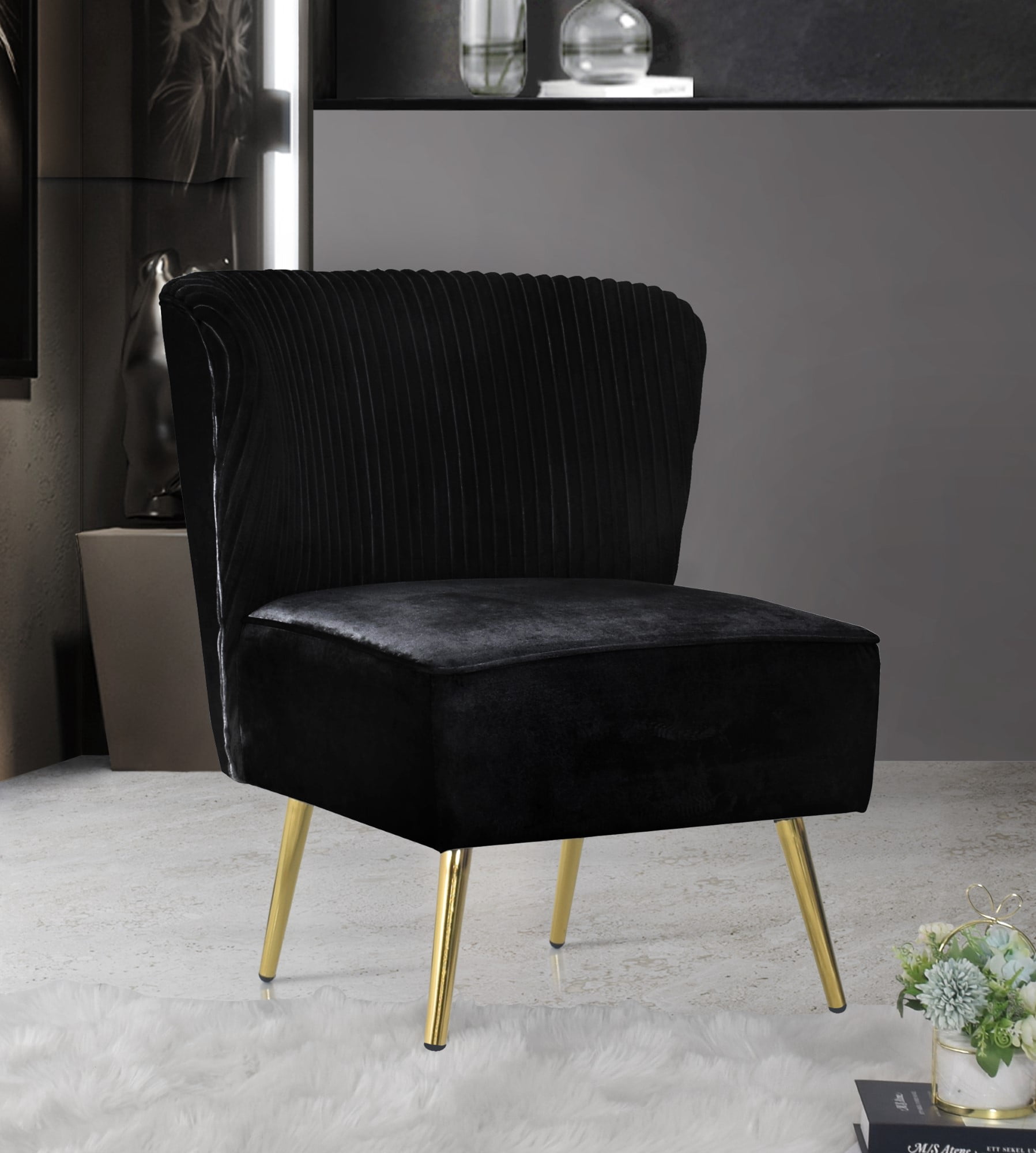 Home Design Hestie 3-Piece Velvet Living Room Set with Side Chair, Loveseat, and Sofa, Modern Curved Backrest Design, Black