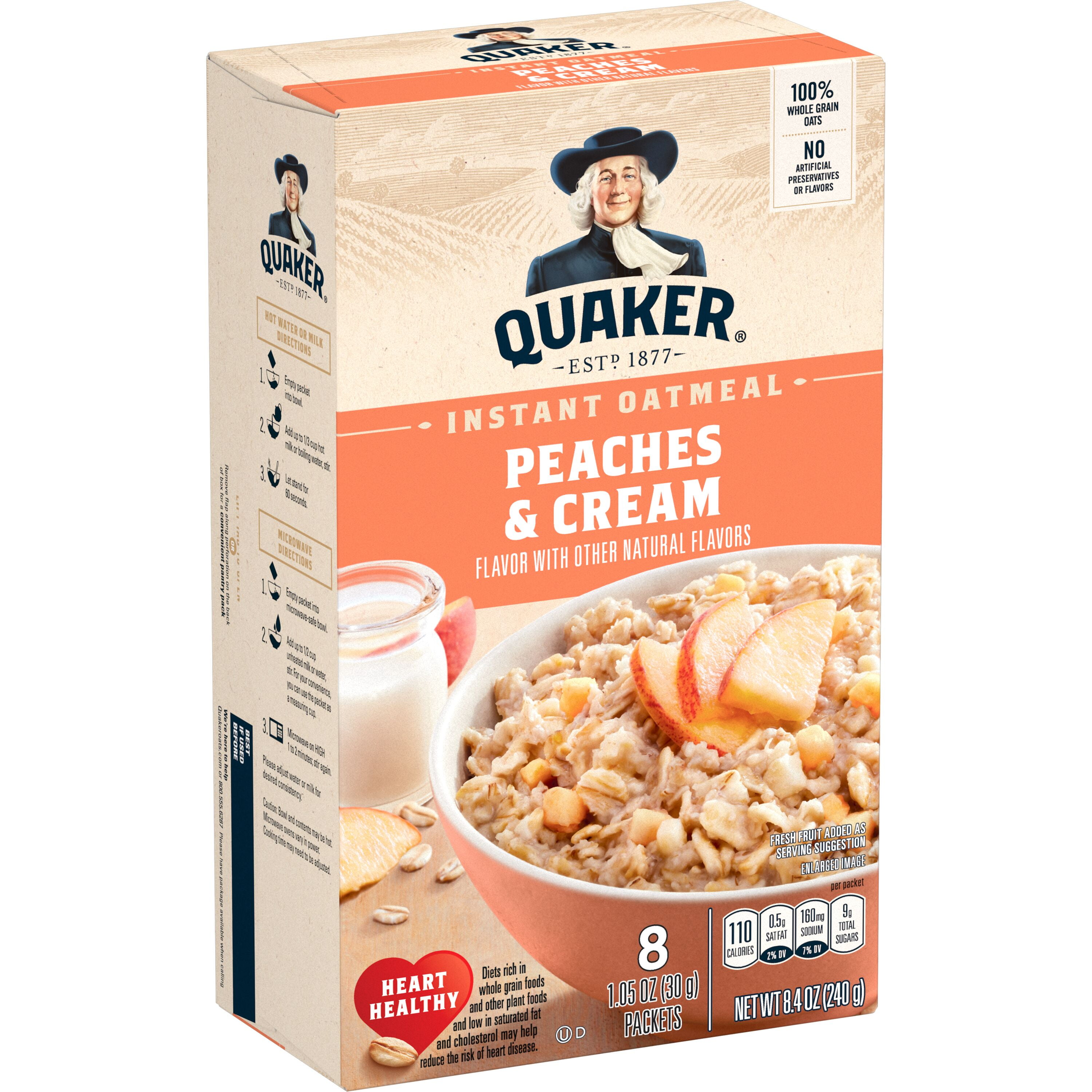 (4 pack) Quaker Instant Oatmeal, Peaches & Cream, 1.05 oz, 8 Packets