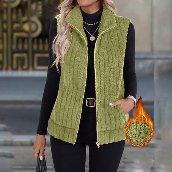 Nfurl Fleece Vests Women Trendy Fitted Zip up Solid Color Sleeveless Fuzzy Fleece Jackets Winter Warm Ladies Outerwear Vest for Going Out Green XXL