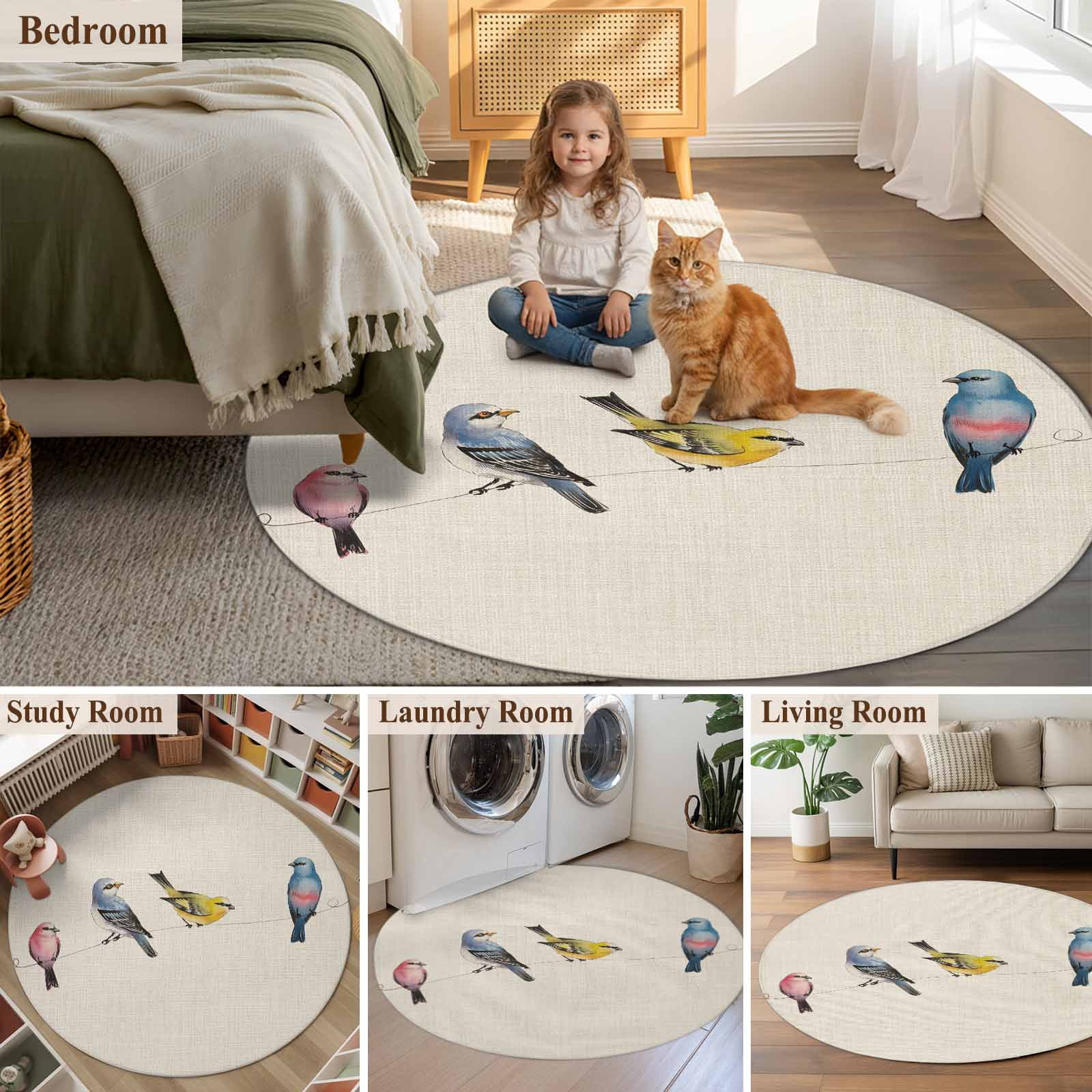Watercolor Birds Round Area Rug 7Ft Washable Circle Rugs for Dorm Laundry Room, Spring Animal Country Beige Non-Slip Carpet Floor Mats Indoor Outdoor Carpet Runner Aesthetic Home Decor