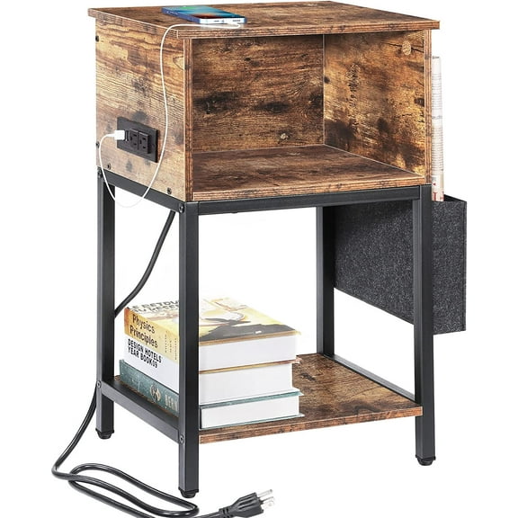Oumilen Wesern Home End Table Side Table with Storage and Fabric Bags and Build-In Fast Charging Station with USB Ports, Rustic Brown Wood