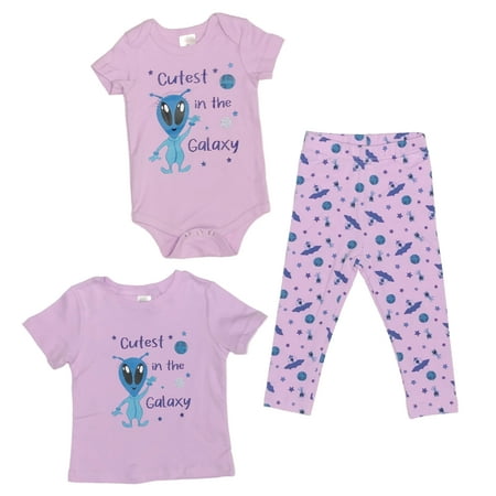 

Cutest in the Galaxy - Baby Girl Alien 2-Piece Clothing Set | Onesie Bodysuit or T-shirt with matching Leggings | Short Sleeve | Cotton | Baby Shower Gift | 0-36 months