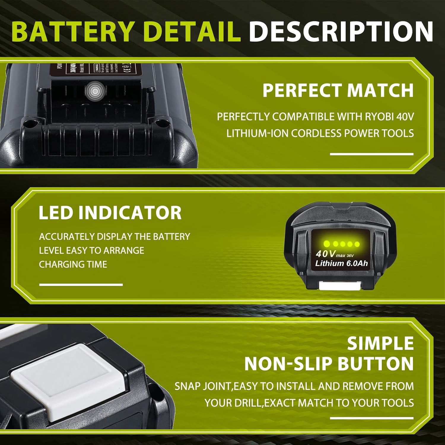 6.0Ah 40V replace Ryobi 40V battery compatible with Ryobi 40V battery OP40401 OP4060