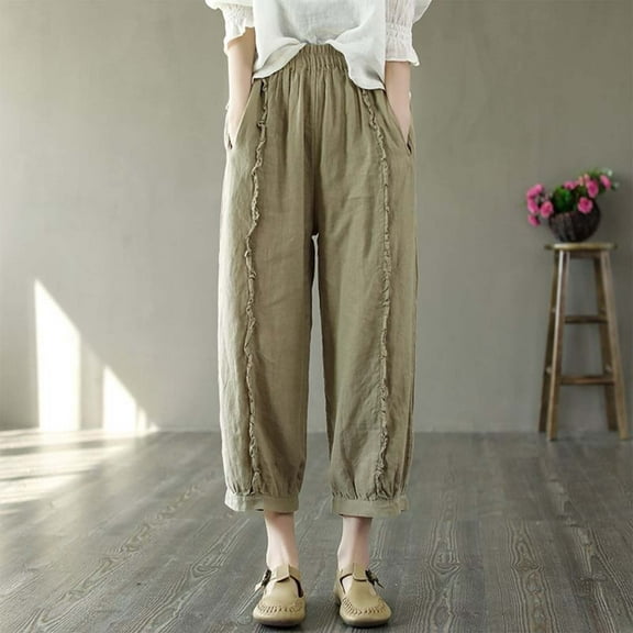 SNKSDGM Women's Plus Pants for Women with Pockets Dress Pants Women Straight Leg Ankle Vintage Women's Lace Trimmed Linen Harem Pants Casual Loose Breathable Trousers for Summer Comfort
