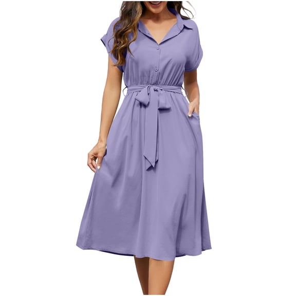 Kukoosong Women's Summer Short Sleeve Lapel Collar Solid Color Button Down Shirt Dress with Belt and Pocket for Casual Work Party Wedding Guest Tea-Length Dresses