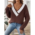 thumbnail image 6 of Womens Sweaters Long Sleeve - Knit Pullover Tops Contrast Color Stitching V-Neck Pullover Sweater Coffee L, 6 of 7