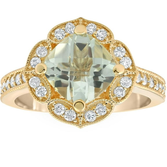 Pompeii 4 1/2Ct Green Amerthyst Cushion & Diamond Ring in 10k Yellow Gold (G/H,I1-I2)