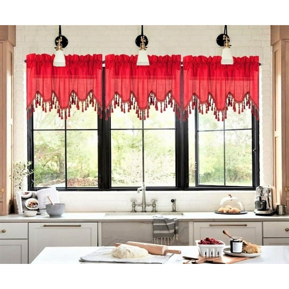 1Pc Wave Red color waterfall valance with tassels faux silk rod pocket semi sheer ascot dressing window 55" wide X 18" long for kitchen décor