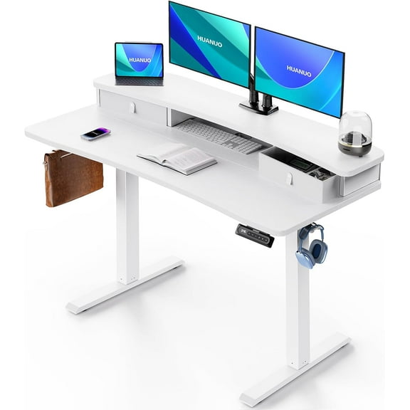 HUANUO 48″ x 24″ Electric Standing Desk with 2 Drawers, C-Clamp Mount Compatible, Height Adjustable Computer Desk, Home Office Stand Up Desk with 4 Preset Heights & 2 Hooks, White