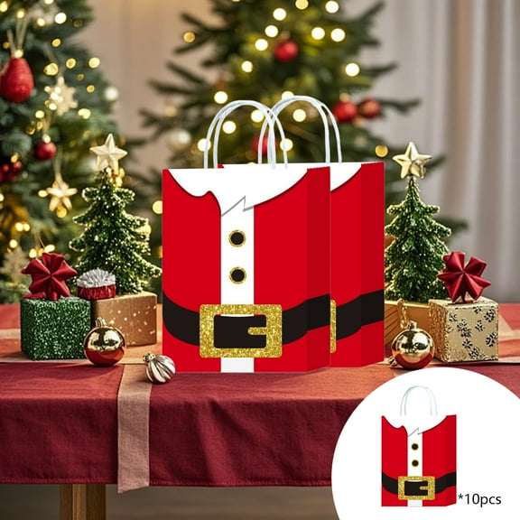 Iumwxz Christmas Decor Santa Claus Gift Bags Set of 10 Red Kraft Paper Wrap Bags with Handles Holiday Party Ornament