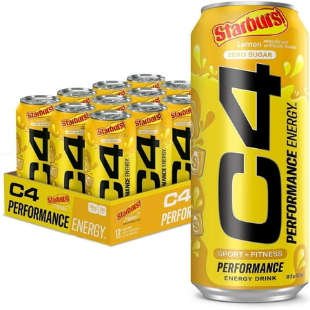 C4 Performance Energy Drink  Starburst Lemon Flavor  Zero Sugar  Carbonated  16 oz can (12 Pack)