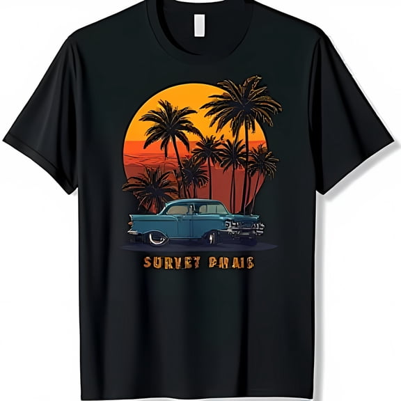 Vintage Black T-Shirt with Classic Car and Tropical Sunset Design 'SURF PRAS'
