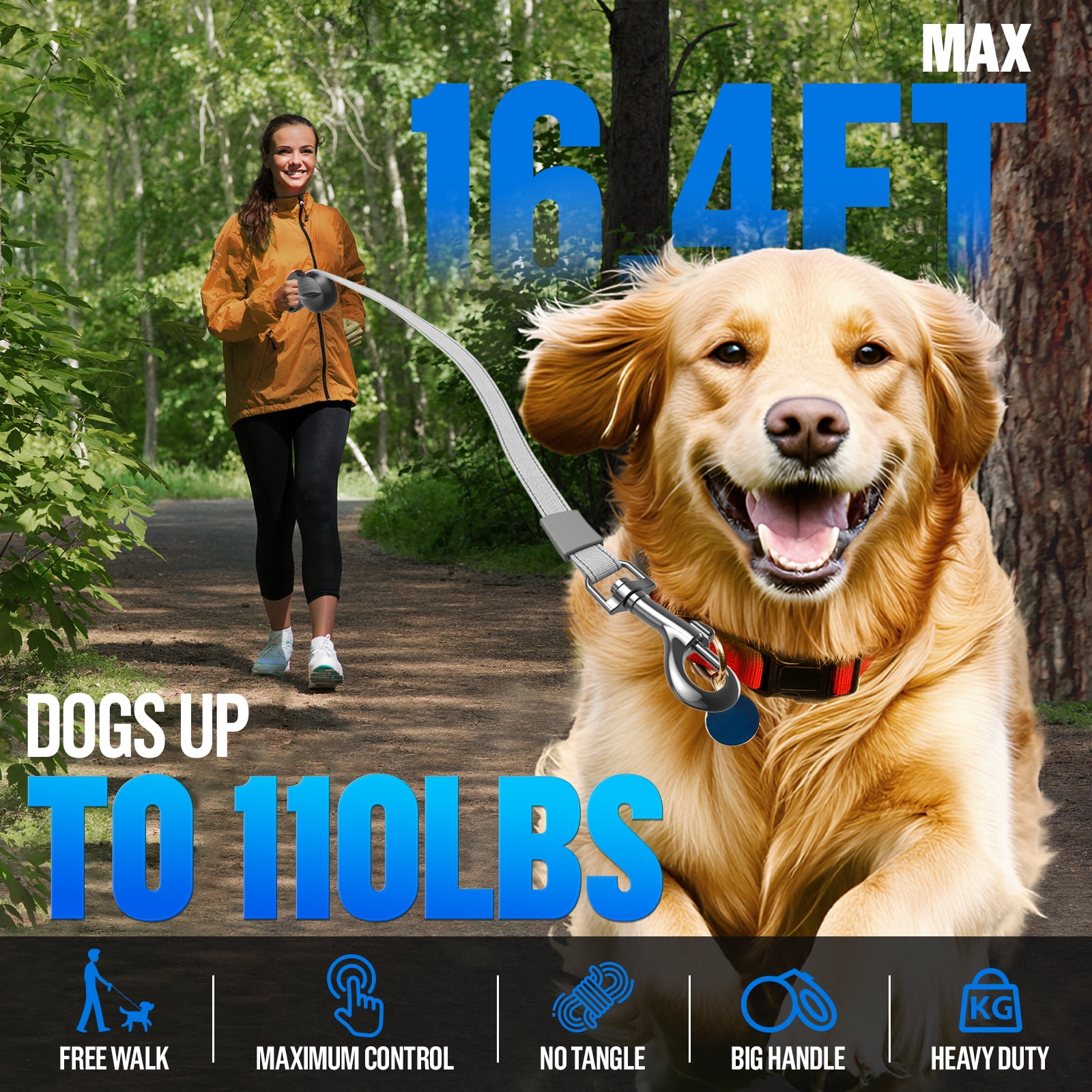 LAKWAR Dog Leash Restractable-Autobrake Pet Leash for Walking Tangle Free/16.4 ft Strong Nylon Tape /One-Handed/Black