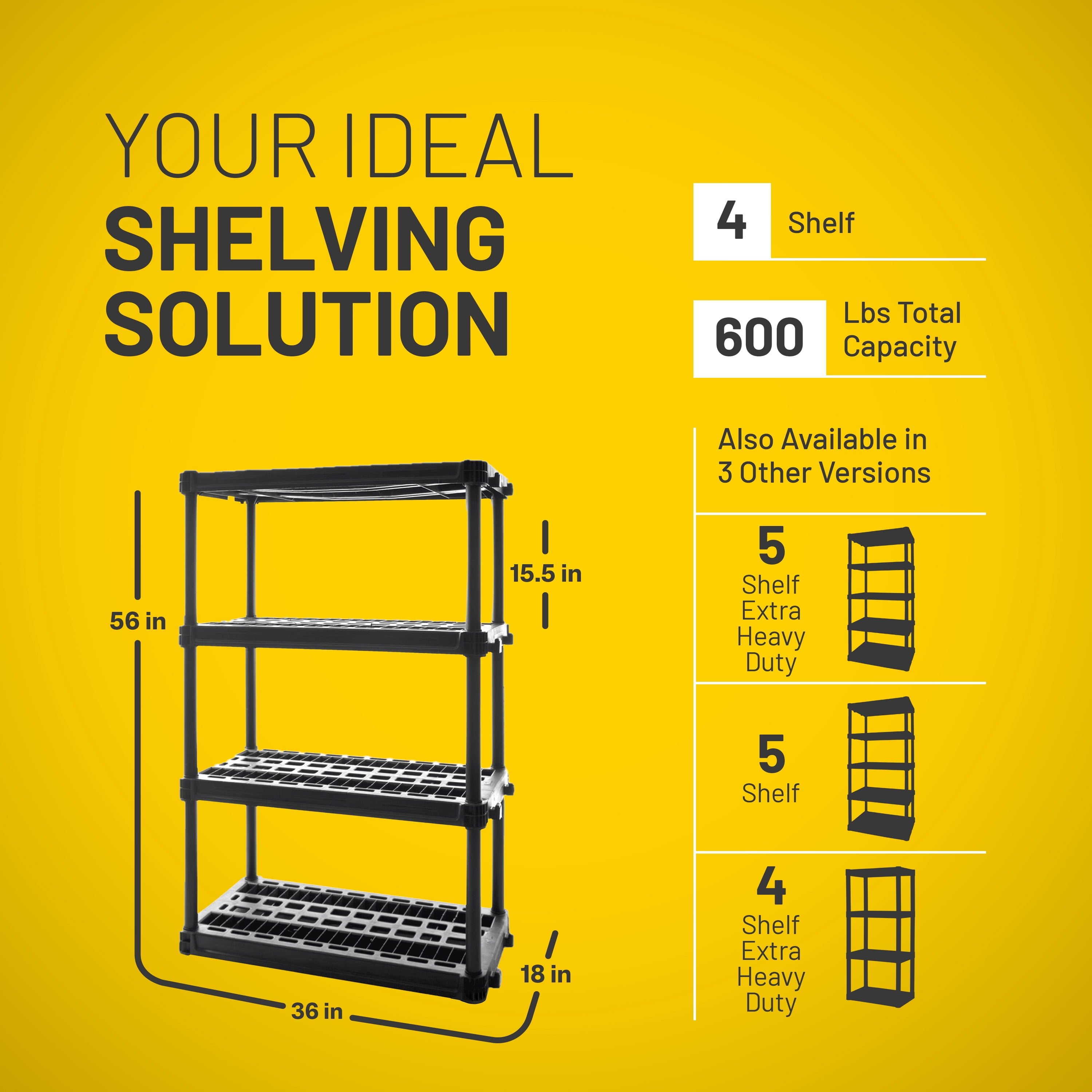 Plano 4-Shelf Heavy Duty Plastic Storage Shelves, 56” x 36” x 18”, 600lb Capacity