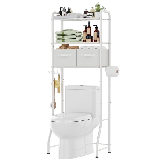 Over The Toilet Storage Shelf, Metal 3 Tier Bathroom Organizer Shelf with Paper Holder and 3 Hooks, Freestanding Shelf Space Saver Above Toilet Laundry Room Shelf Over The Toilet Storage Rack