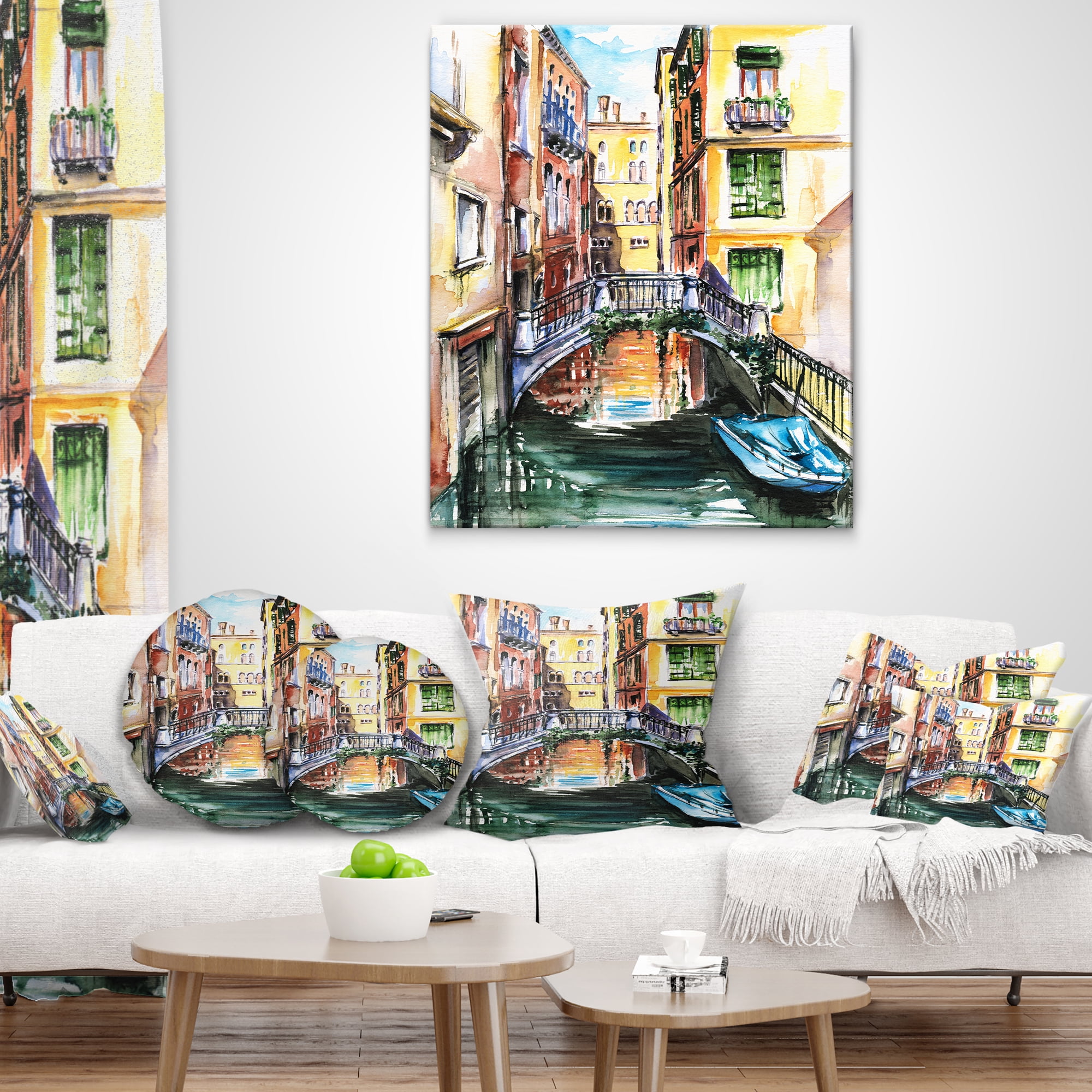 Designart Venice Canal Meeting Bridge - Cityscape Throw Pillow - 12x20