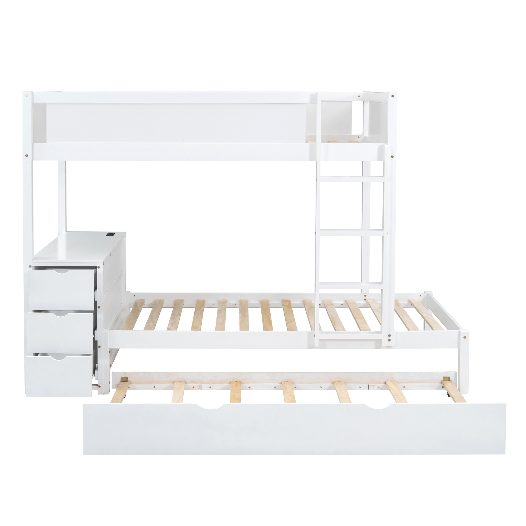 Twin over Twin Bunk Bed with Twin Size Trundle, 3 Storage Drawers and Desk, Solid Wood Kids Bunk Bed Frame with Ladder for Kids Teens Adults