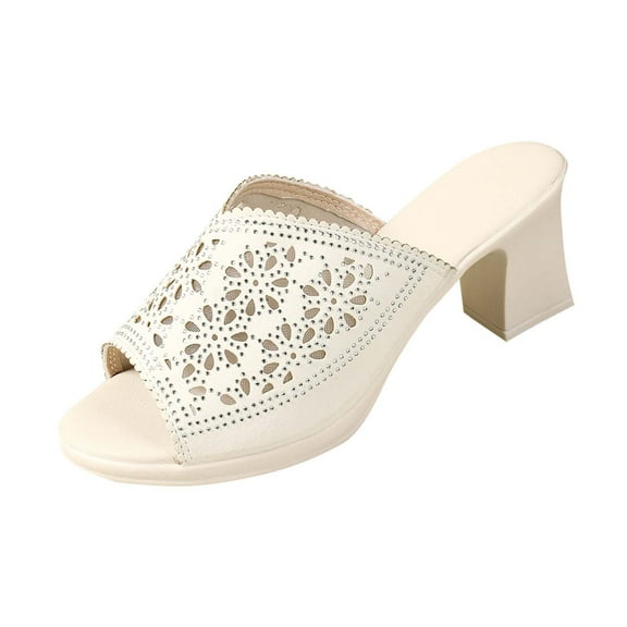 LOVZFMLL Sandals for Women 2025 Fashion Cut Out Glitter Heels Sandals Slip On Open Toe Slides Outdoor Beach Vacation Summer Casual Dress Shoes White 6