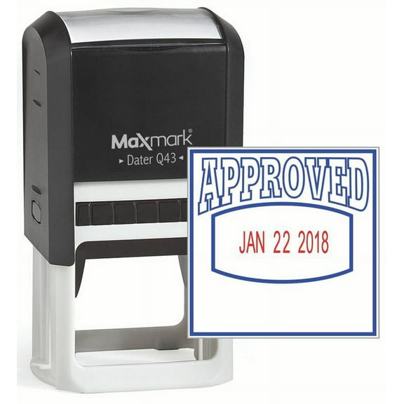 MaxMark Q43 (Large Size) Date Stamp with "APPROVED" Self Inking Stamp - 2 Color Blue/Red Ink