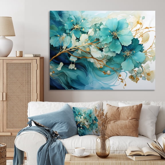 Designart "Teal Gold Fractal Mystic Mirage I" Modern Wall Decor