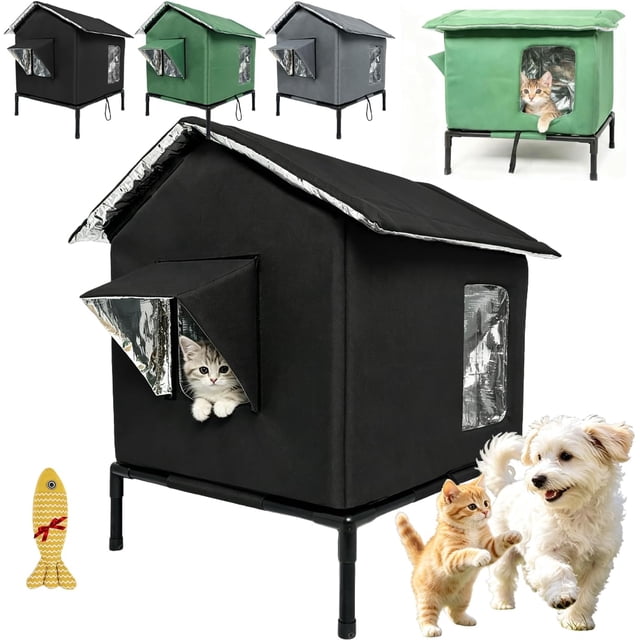 Maison pour Chat Extérieure Surélevée Toutes Saisons – Imperméable, Isolée et Pliable pour un Confort Douillet, Maison pour Chat Extérieure Résistante aux Intempéries avec Base Surélevée dans Garage, Cour, Véranda pour Chats Errants, avec Fenêtre (Noir,G)