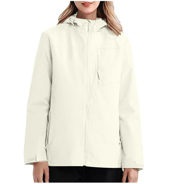 WRKEKC Manteau Imperméable pour Femme, Coupe-Vent Léger à Capuche, Manteau Coquille avec Poches pour Randonnée, Voyage, Plein Air, Blanc, TTG