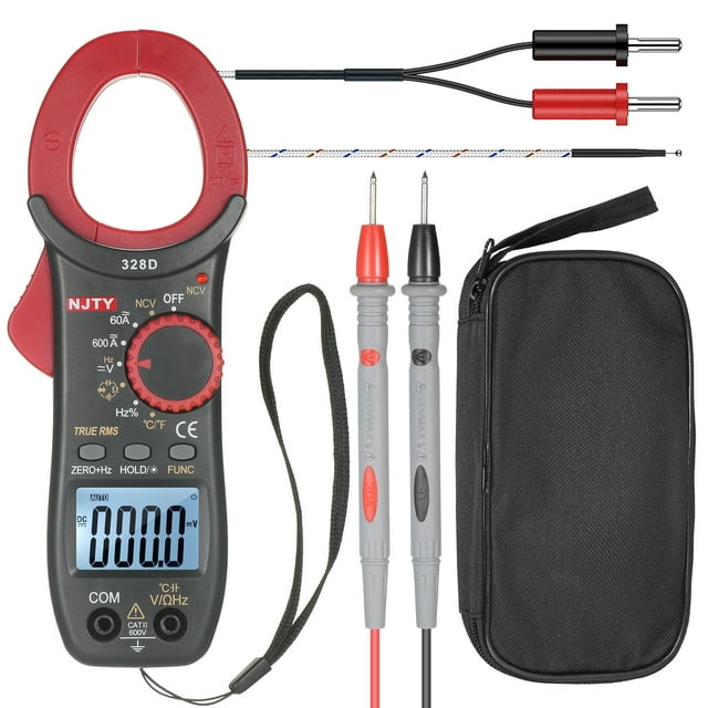 Njty 328D 600A Ac Clamp Meter Auto 6000 Counts 1.6-Inch Lcd Digital Ac True Rms Ncv Clamp Type Universal Meter Multipurpose For Measuring Ac/Dc Current Ac/Dc Voltage Temperature Resistance