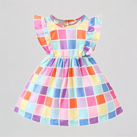 REDARER Toddler Girls' Rainbow Plaid Flutter Sleeve Dress, Elastic Waist A-Line Sundress, Summer Beach & Party Princess Dress for Kids,2-3 Years