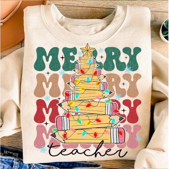 Merry Teacher Christmas Sweater, Pencil Bow Teacher Lights Teaching Is a Work of Heart Holiday Sweatshirt