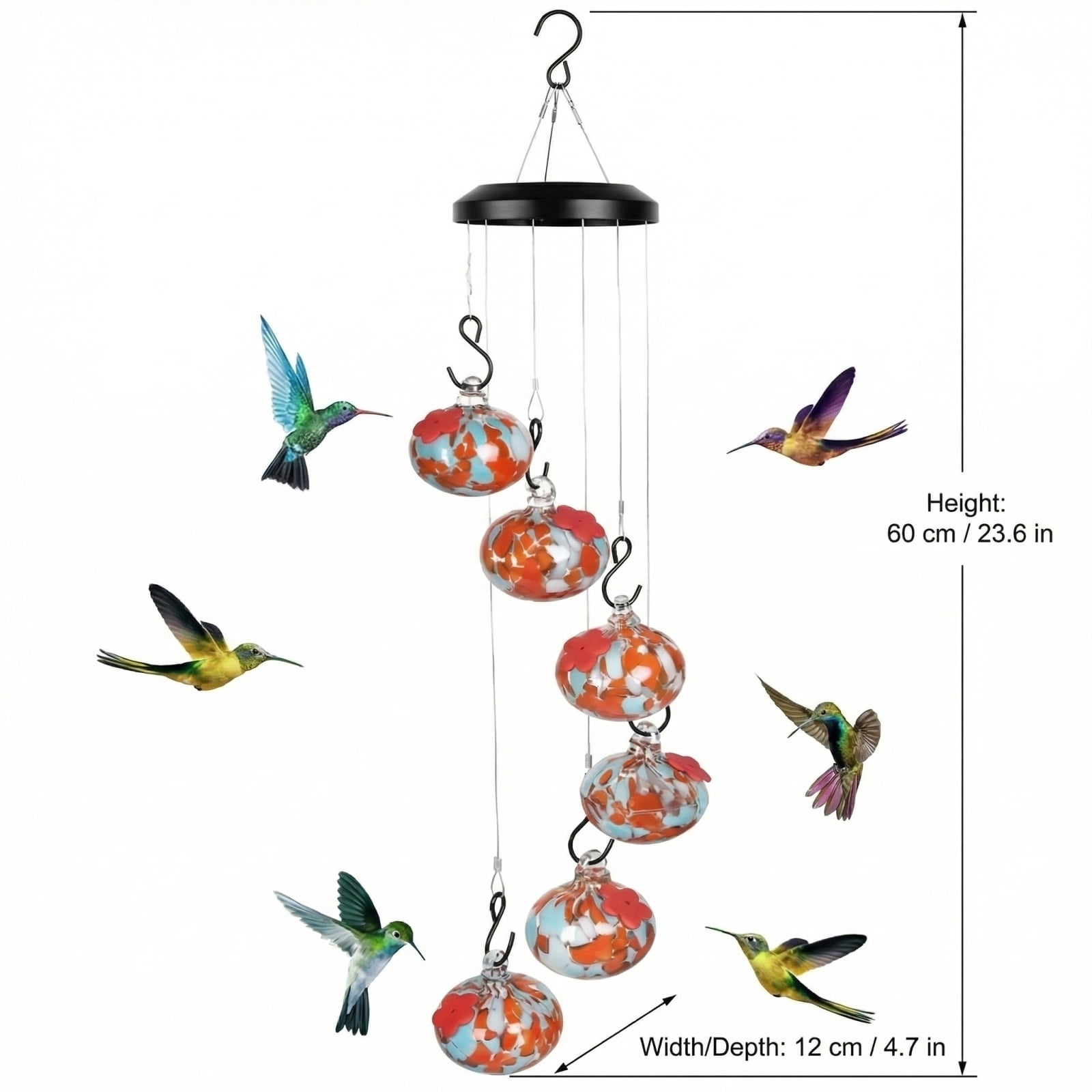 Handblown Glass Hummingbird Feeder Wind Chime with 6 Feeding Stations, Solar Powered Outdoor Hanging Bird Feeder for Garden Yard Decor, Vibrant Leak-Proof Hummingbird Habitat