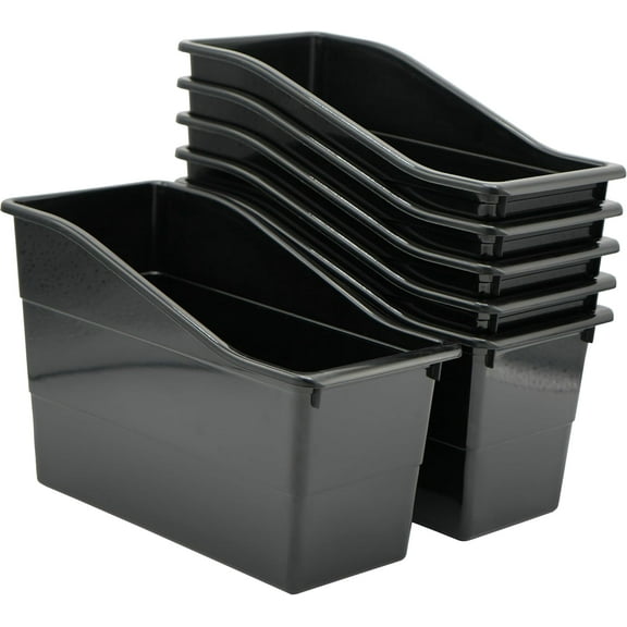4E's Novelty 6 Pack Large Book Bin with Labels, Black Book Bins for Classroom, Large Plastic Bins