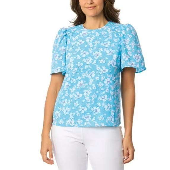 Draper James Women's Short Sleeve Blouse and Top with Round Neck and Flap Sleeves, Blue, M