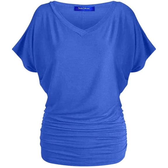 Women's Solid Short Sleeve V Neck Dolman Top With Side Shirring RoyalBlue M