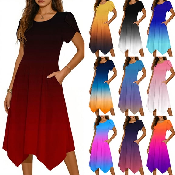 AnuYalue Women's Fashion Dress Summer Ruffle Short Sleeve Loose Flowy Beach Dress A Line Dresses Stretchy Waist Gradient Color Sundress