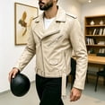 thumbnail image 4 of Lightweight Short Faux Leather Biker Jacket Men - Punk Gothic Coat Classic Rock Streetwear Belted Jacket No Hood Moto Jacket Outerwear Khaki, 4 of 8