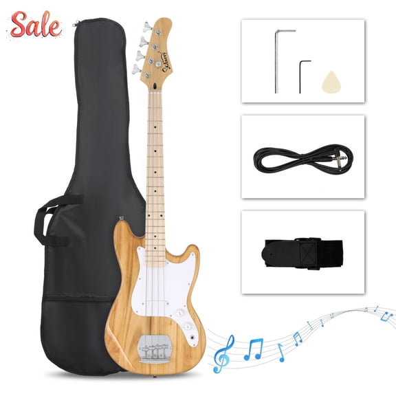 GZXS 4 String Electric Bass Guitar with Bag, Strap, Plectrum, Spanner Tool and Connecting Wire for Beginners, Burlywood