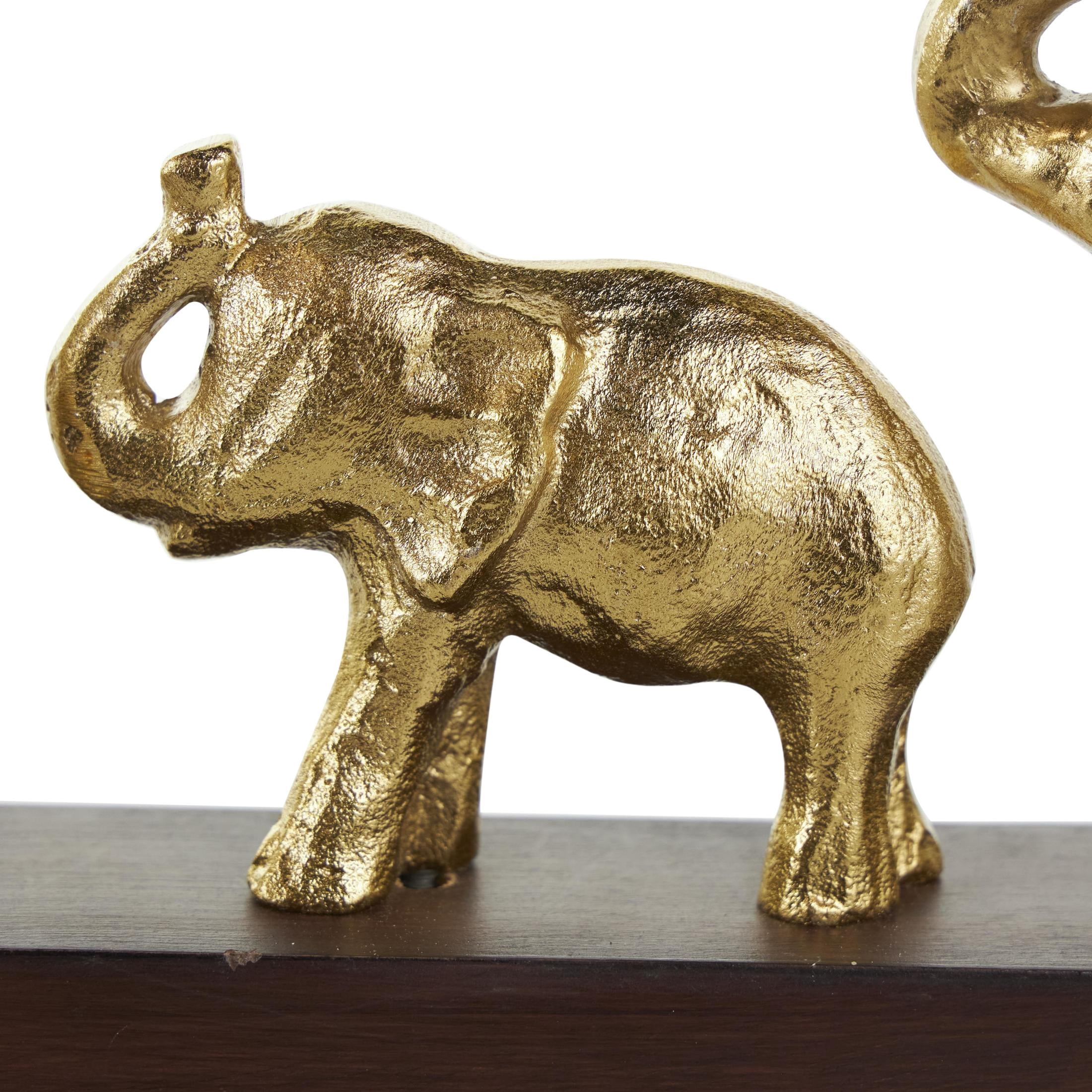 27" x 14" Gold Aluminum Metal Elephant Sculpture with Brown Wooden Frame, by DecMode