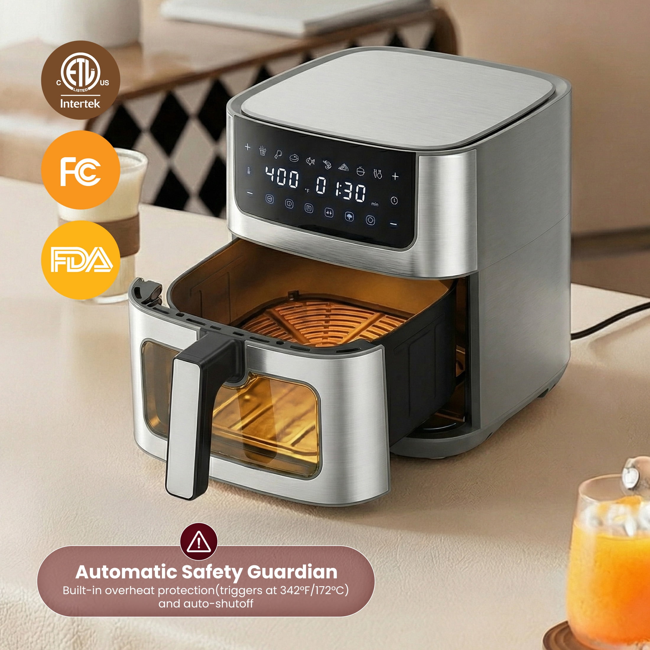 EDX 6QT Stainless Steel Air Fryer with Digital Touchscreen, 1500W, 8 Presets, Dishwasher Safe Basket, 90 Min Timer, 24H Delay Start, Gray