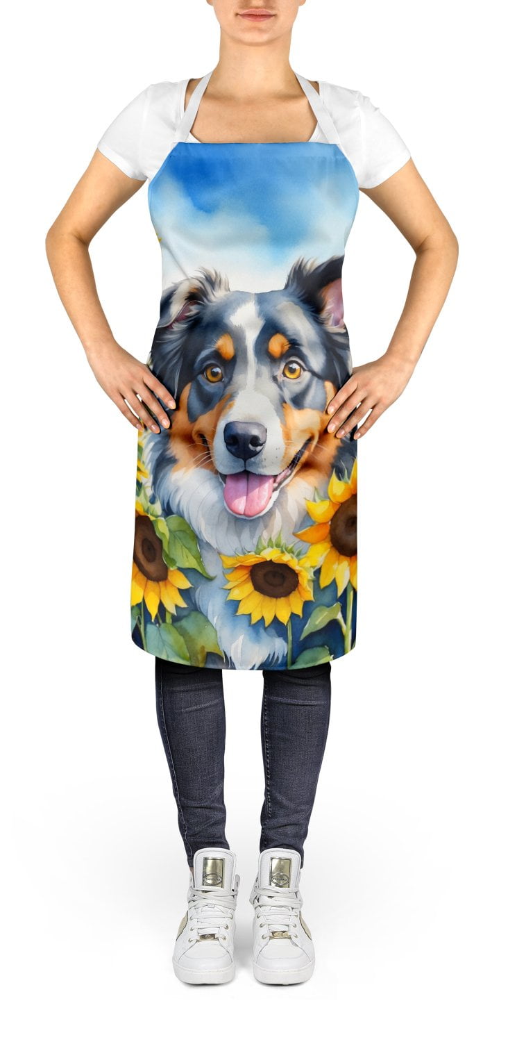 Australian Shepherd in Sunflowers Apron 27 in x 30 in