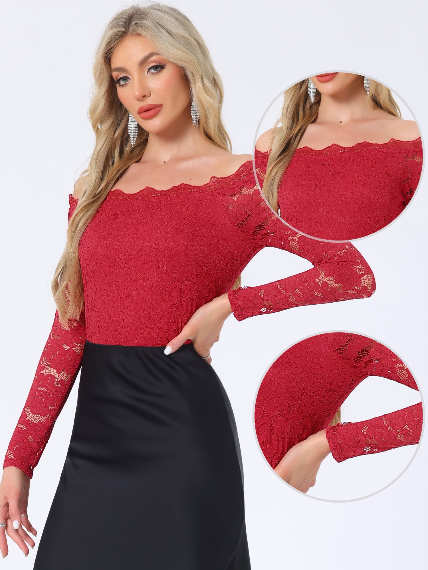 DARING DIVA Women's Sheer Long Sleeves Off Shoulder Floral Lace Tops S Red