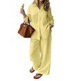 thumbnail image 2 of Linen Blend Long Sleeve Button Down Set for Women, Notched Collar Shirt & Wide Leg Pants - Casual Solid Color Two Piece Lounge Outfit with Pockets Yellow S, 2 of 6